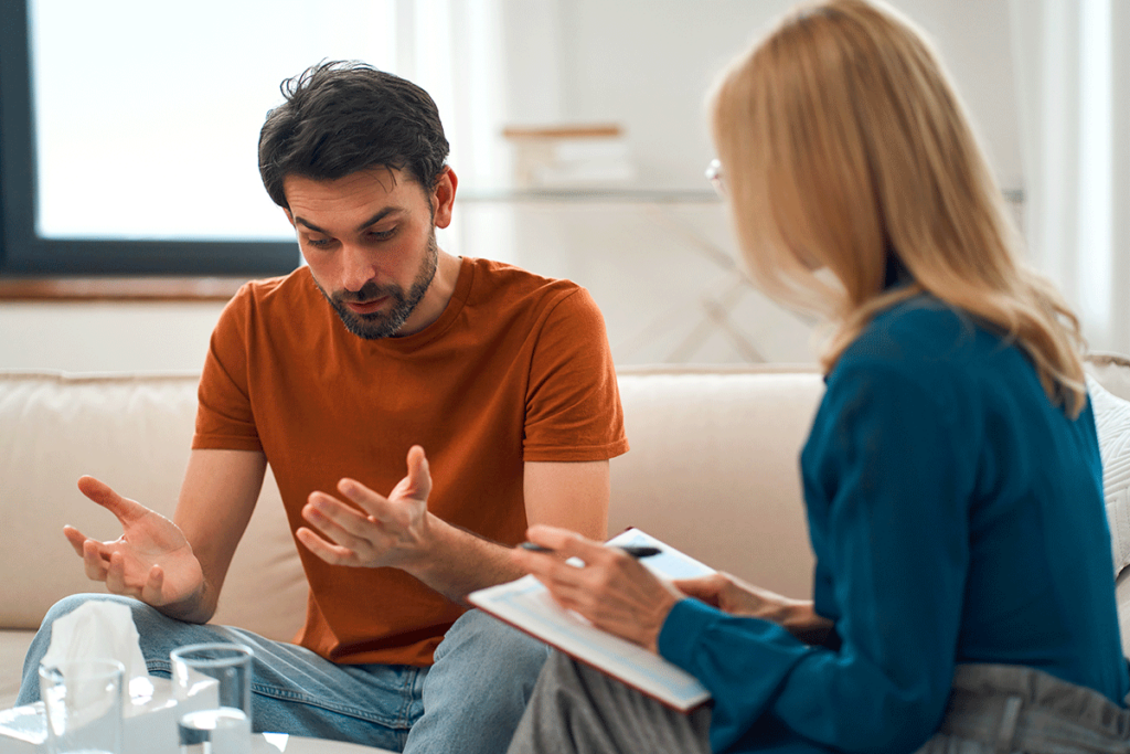 Two people talking about the benefits of psychotherapy