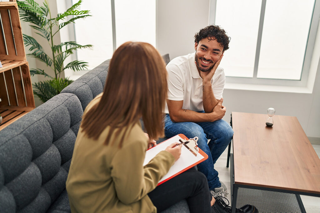 Two people talking about mental health stigma